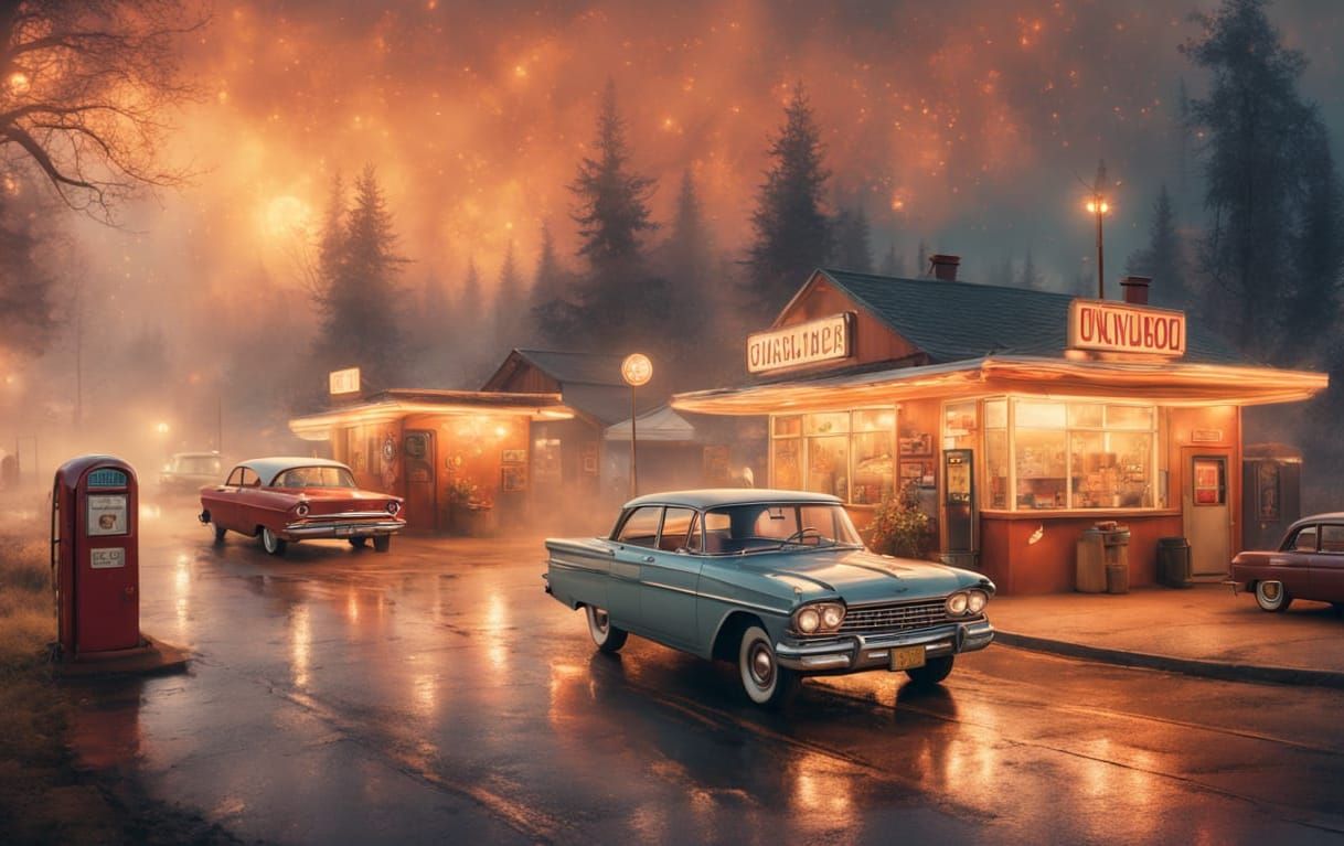 Dreamy 1960s Village Scene at Night