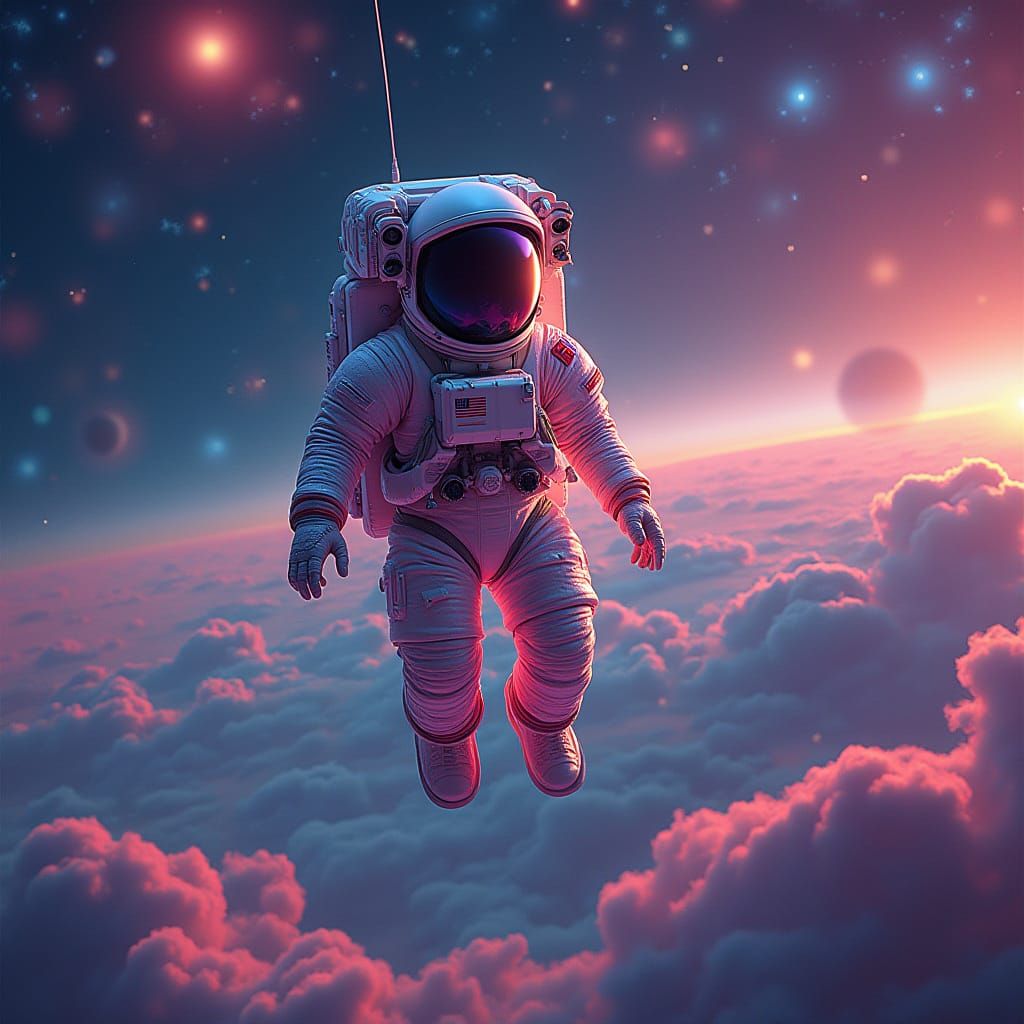 Astronaut in Psychedelic Spacesuit Drifting in Deep Space
