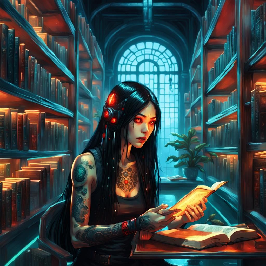 Cyberpunk Woman Reads in Futuristic Library