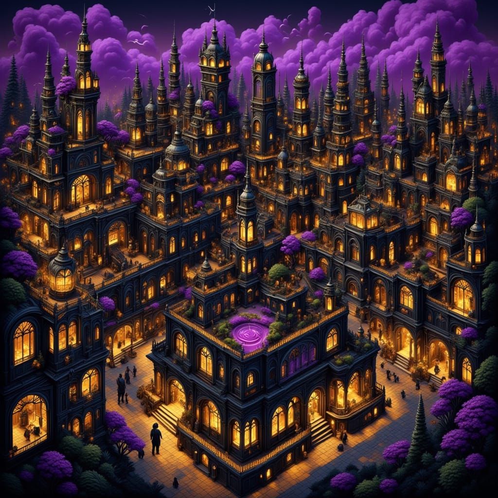 Isometric Cityscape in Black, Gold, and Purple