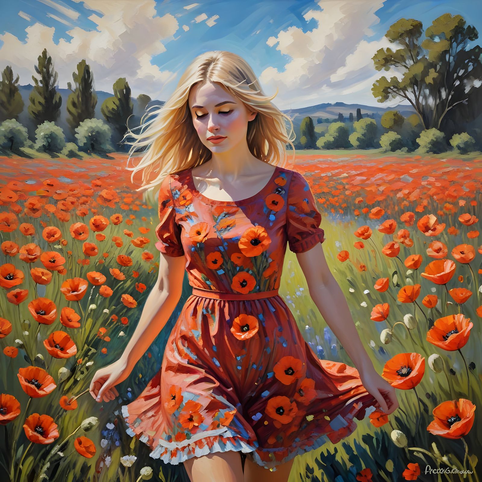 Poppy Field Impression: Woman in Vibrant Impasto