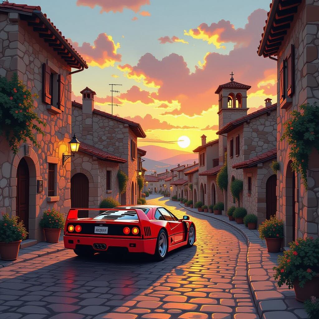 Ferrari F40 in Italian Village at Sunset