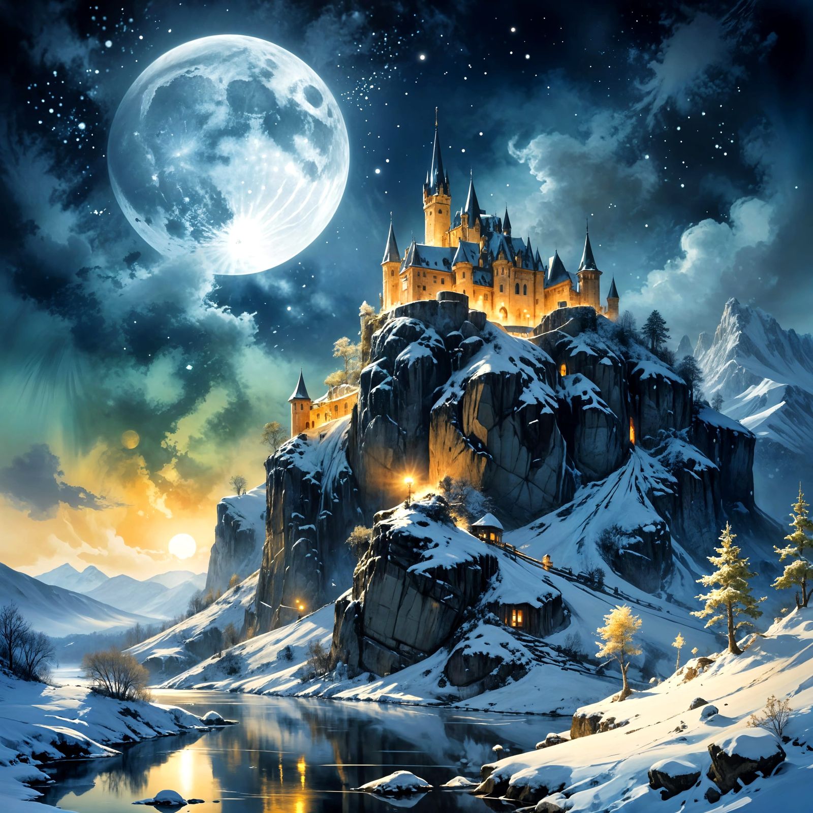 Majestic Snowy Castle in Ethereal Winter Landscape