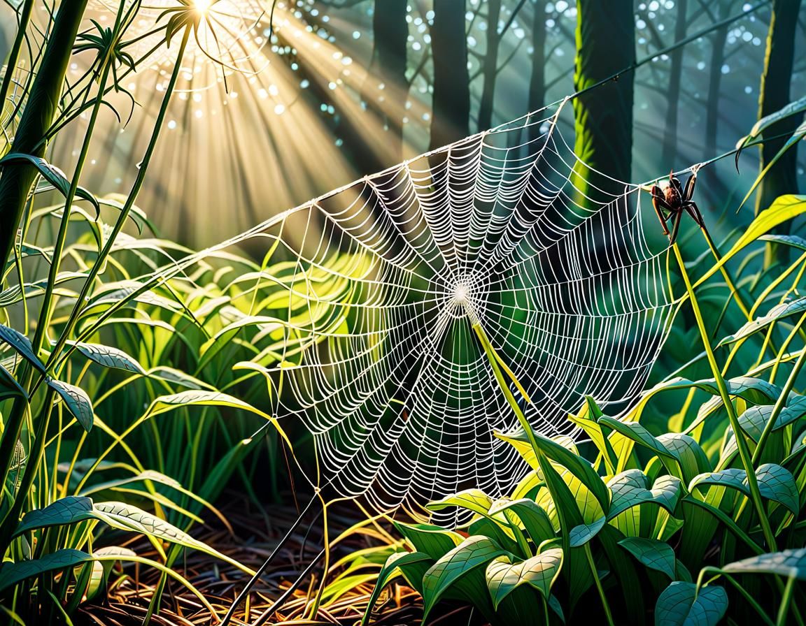 Shafts of sunlight sparkle on a misty morning spiders web in...