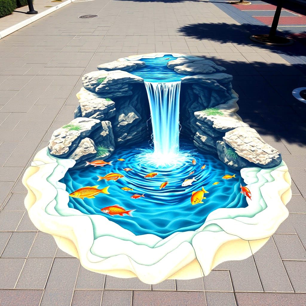 3D Illusion Street Art: Waterfall and Fish
