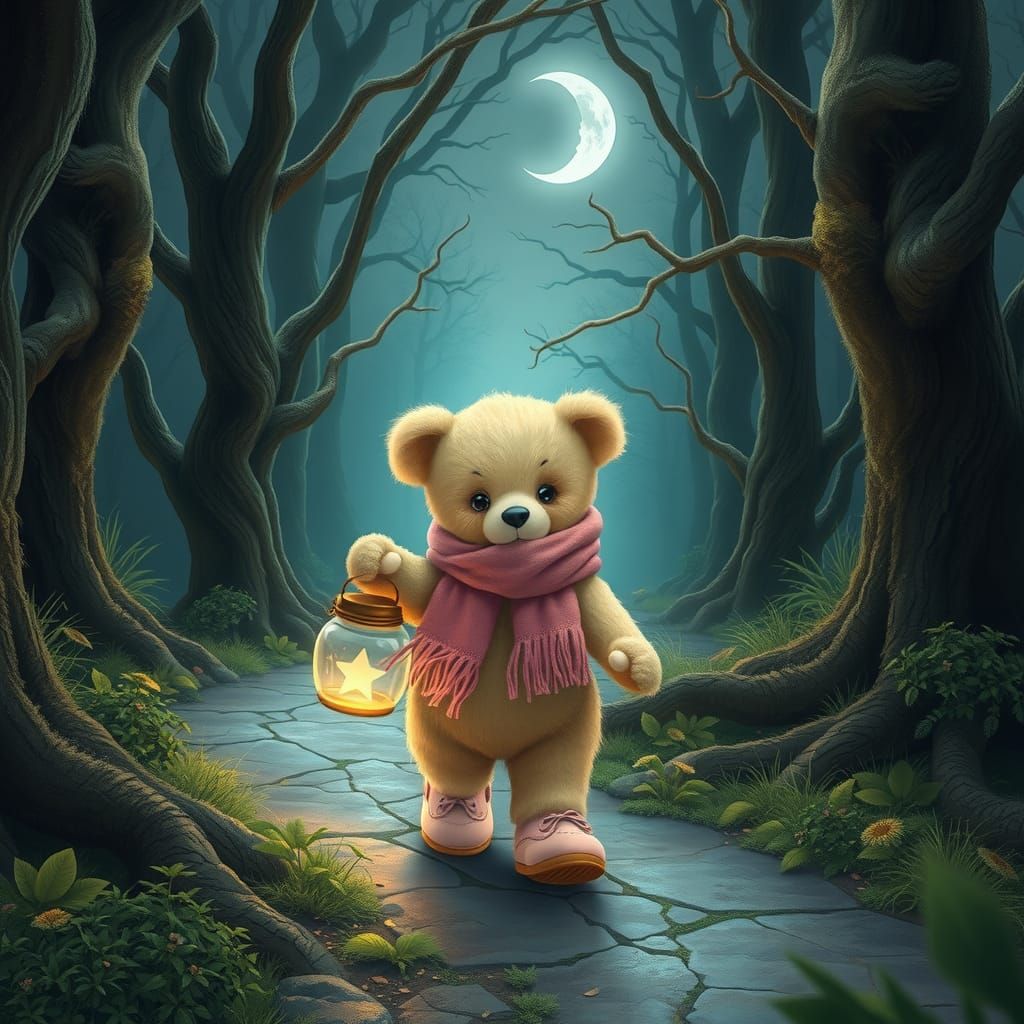 Enchanted Teddy Bear in Mystical Forest, Whimsical Style