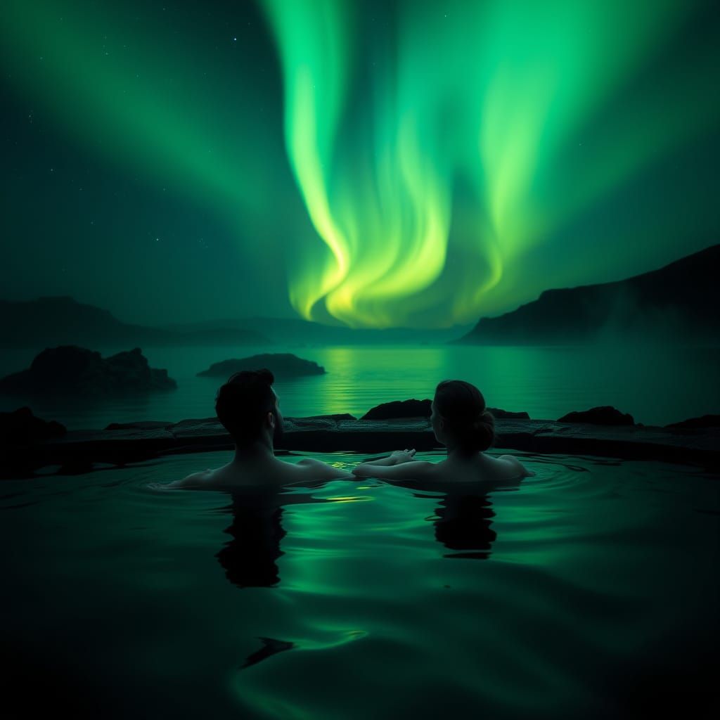 Couple Bathes in Icelandic Pool Under Vibrant Aurora