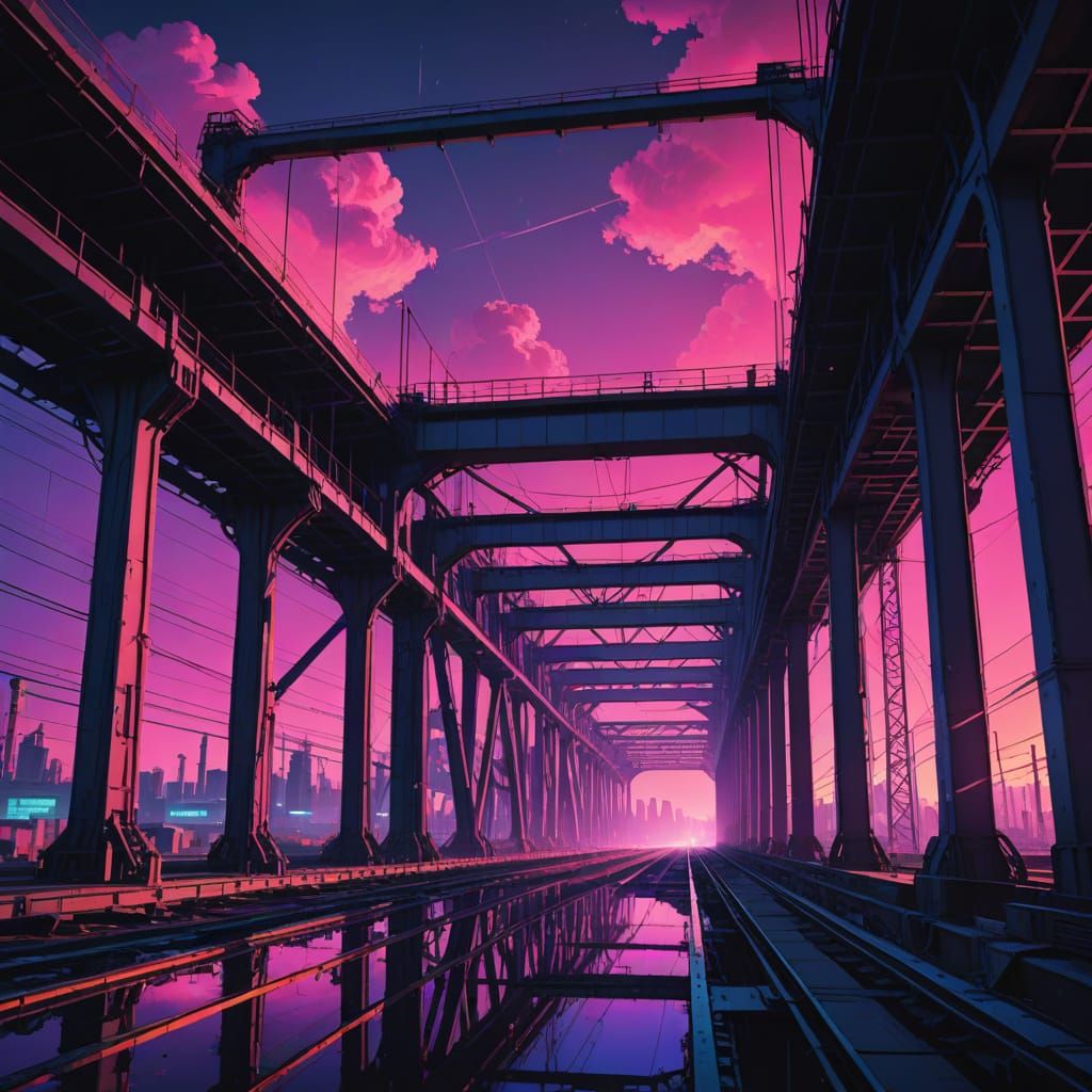 Giant Bridges Over Industrial Factory: Synthwave Art
