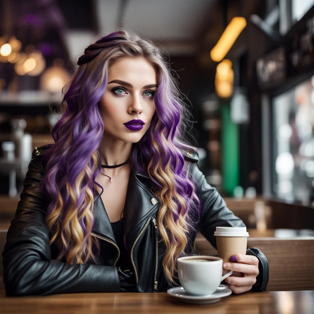 Viking Woman with Purple Hair Drinking Coffee