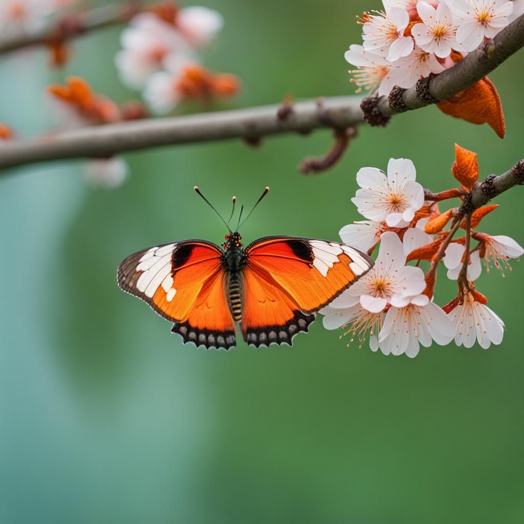 Orange Butterfly on Cherry Blossom Branch