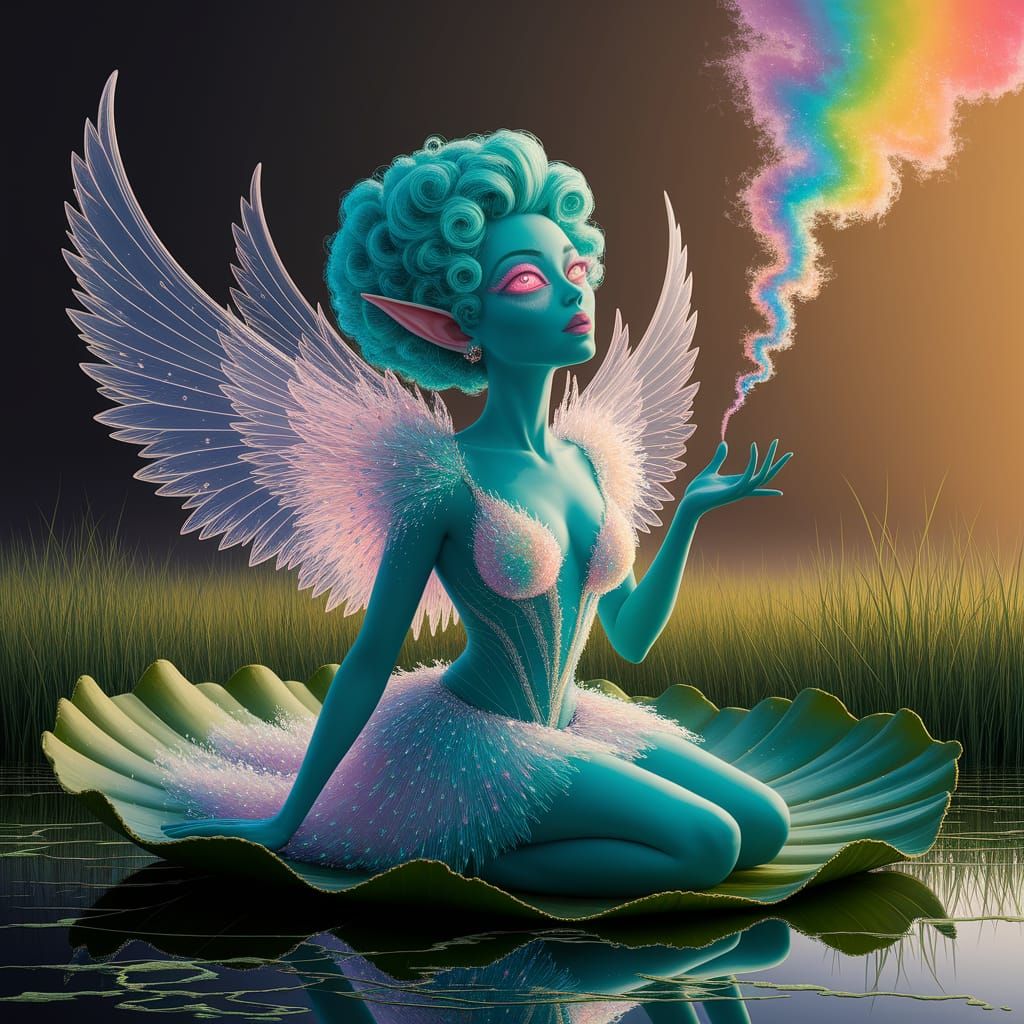 Alien Elf Hybrid in Dark Surreal Marshland Painting