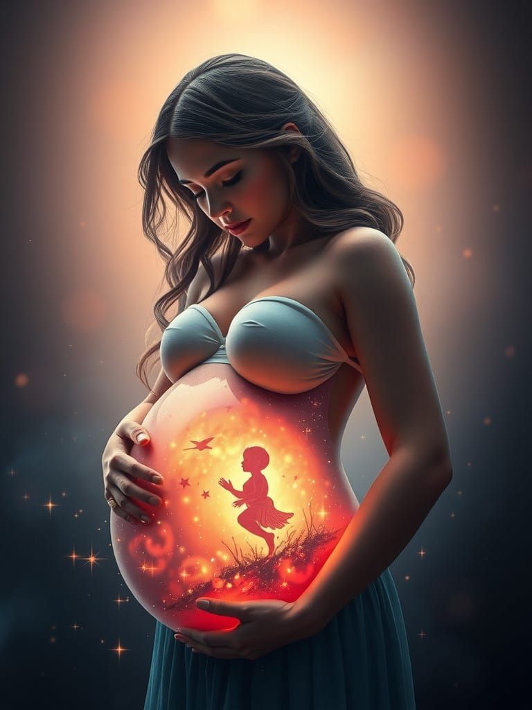 Serene Pregnant Goddess in Whimsical Celestial Realm