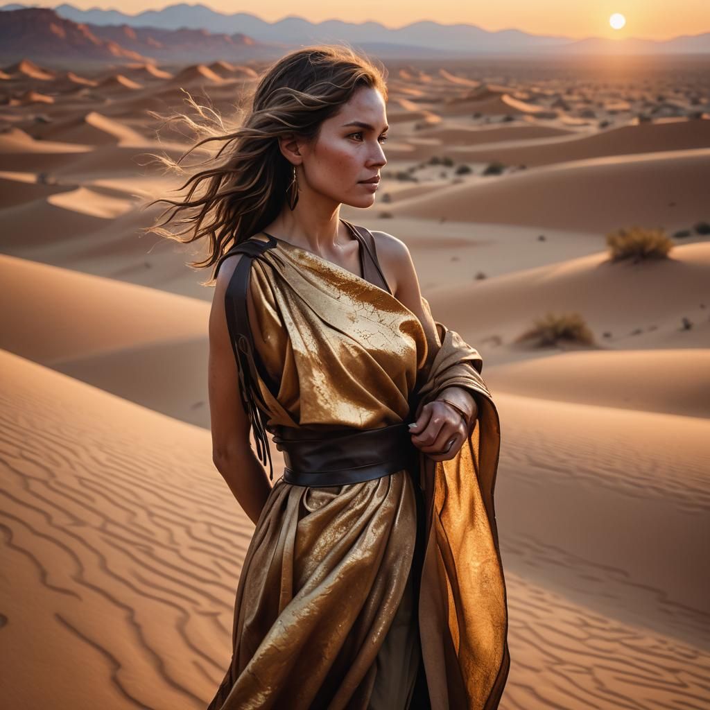 Woman with Waterskin in Desert Sunset