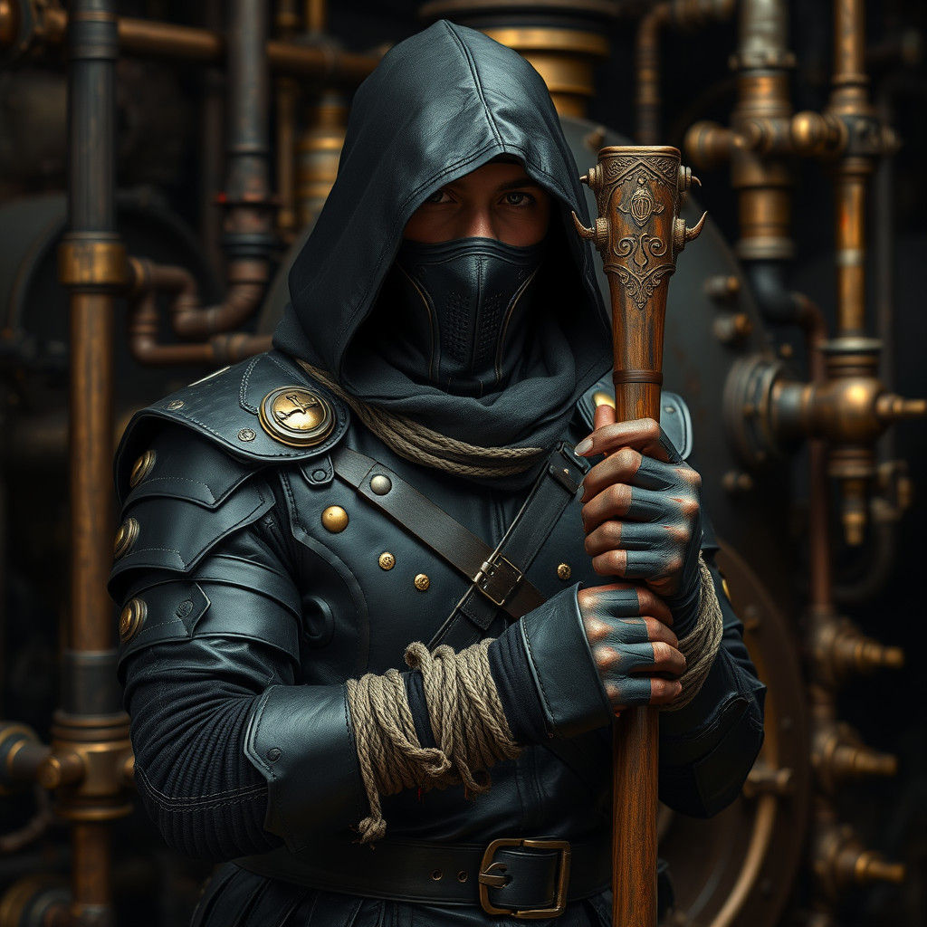 Steampunk Vigilante with Mechanical Staff
