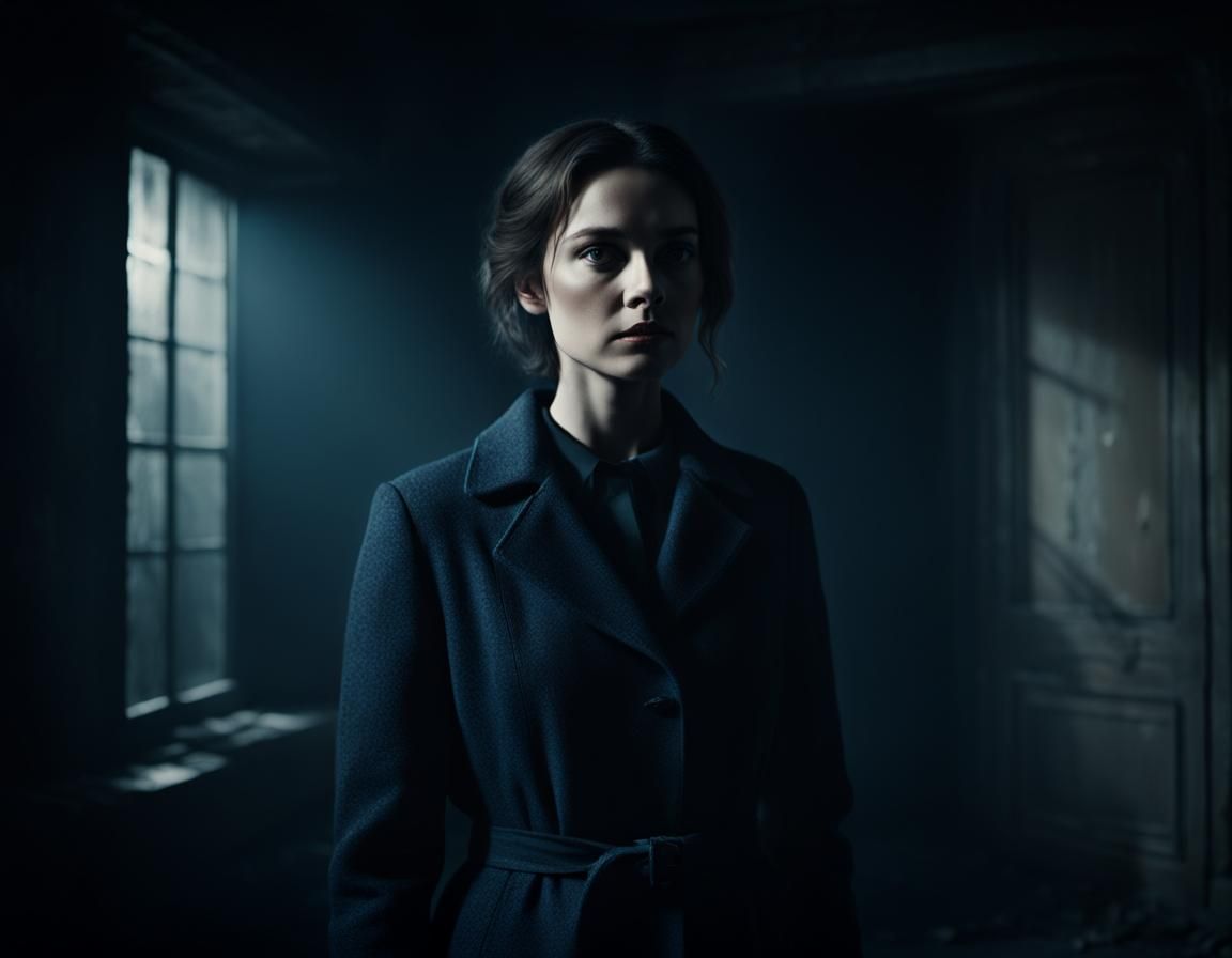 Woman in Dimly Lit Room, Film Noir Style