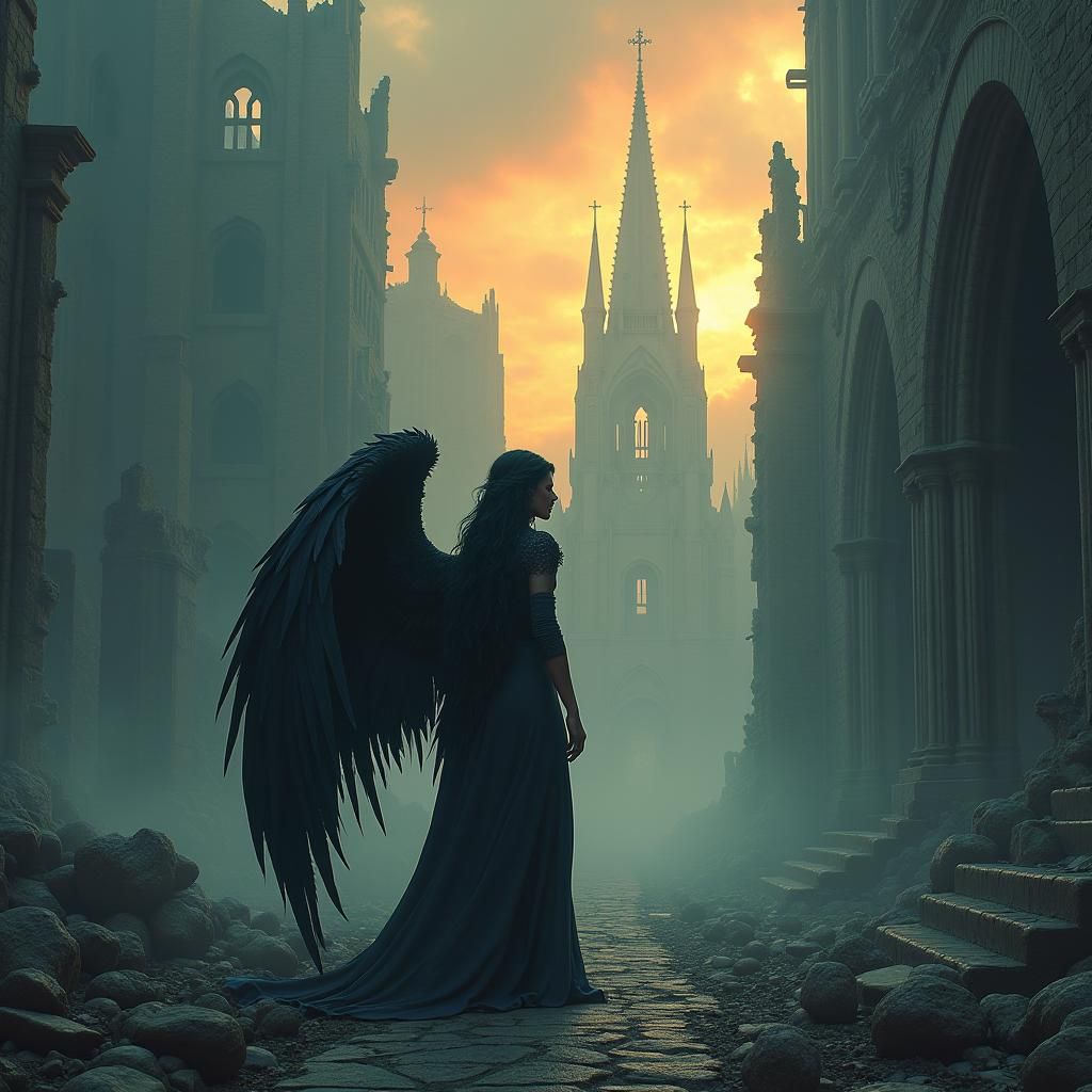 Dark Angel Cathedral Ruins in Gothic Surrealism