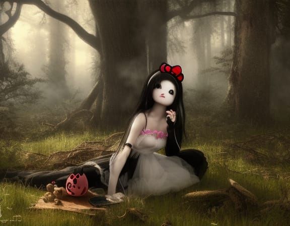 Gothic Hello Kitty Hallucination in Hyperreal Forest