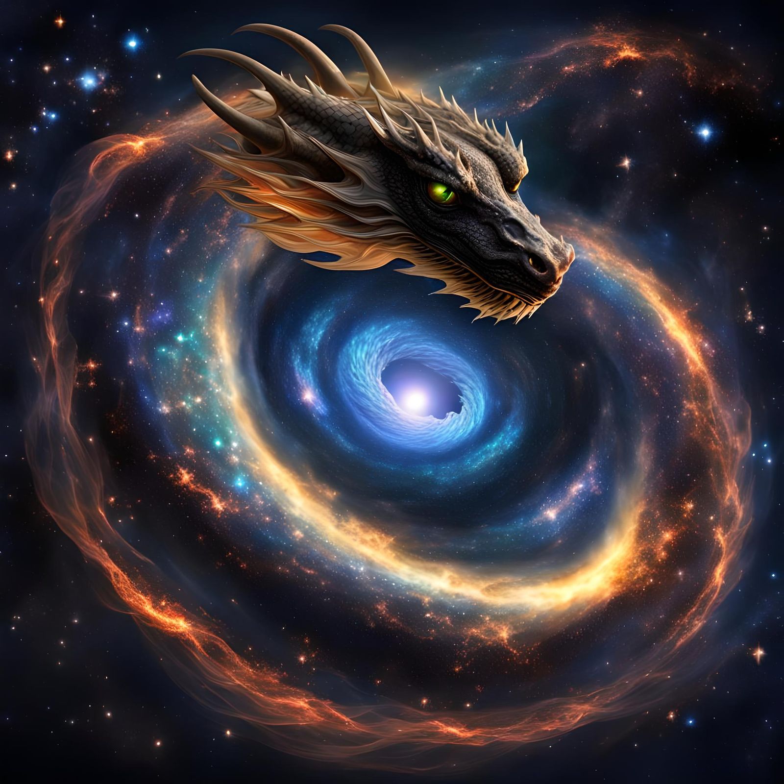 Translucent Black Hole Dragon Encircling Galaxy