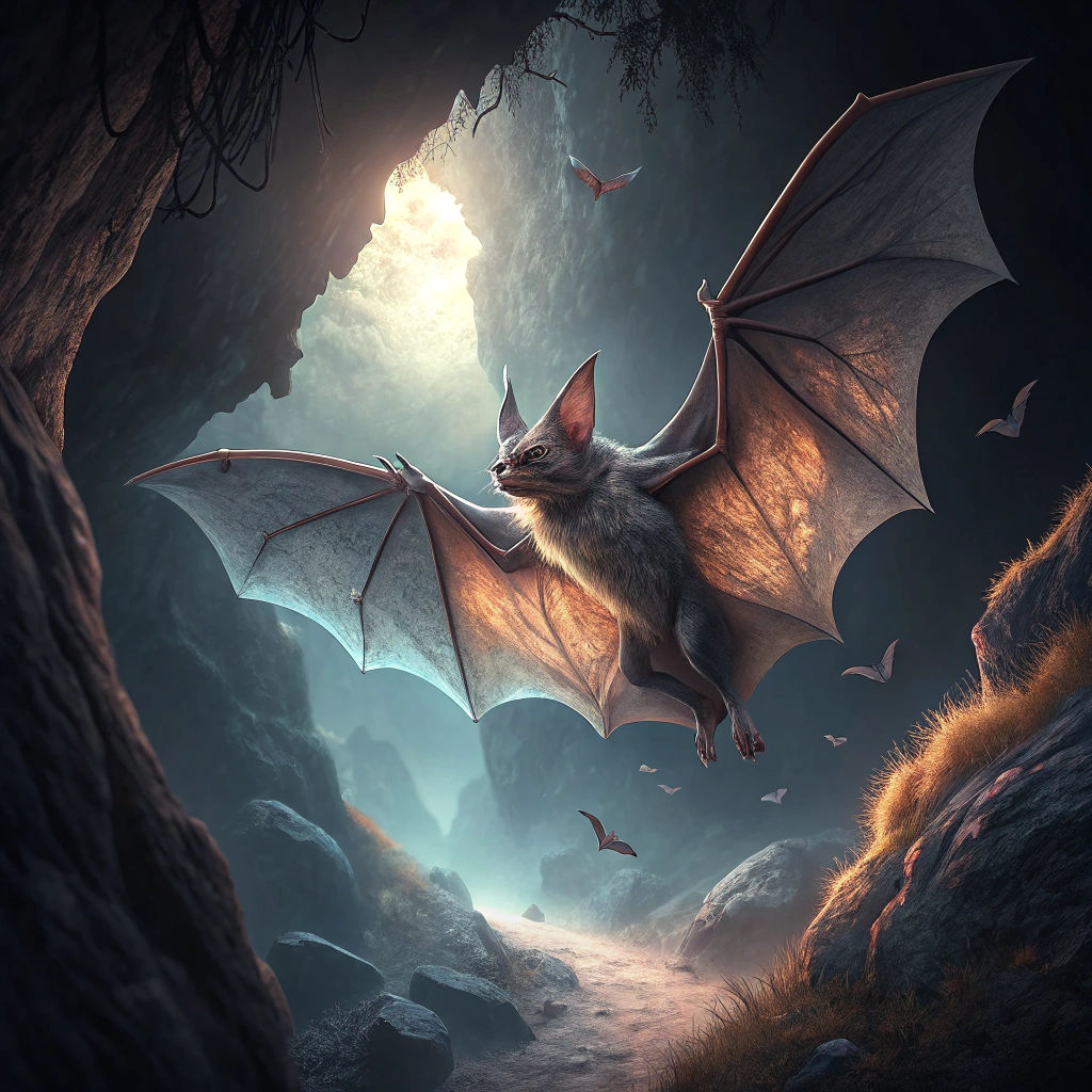 Majestic Bat Soaring Through Mystical Cavern in Anime Style