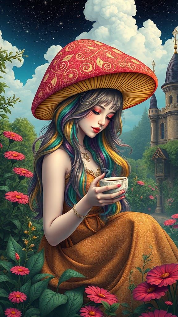 Mushroom Hat Woman in Art Nouveau Garden