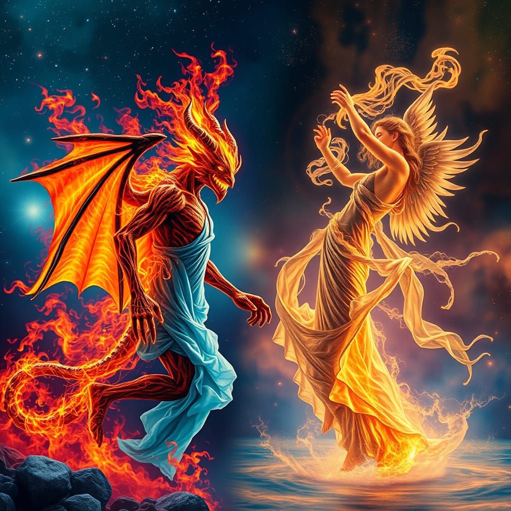 Fire Demon vs Water Angel in Cosmic Split Screen