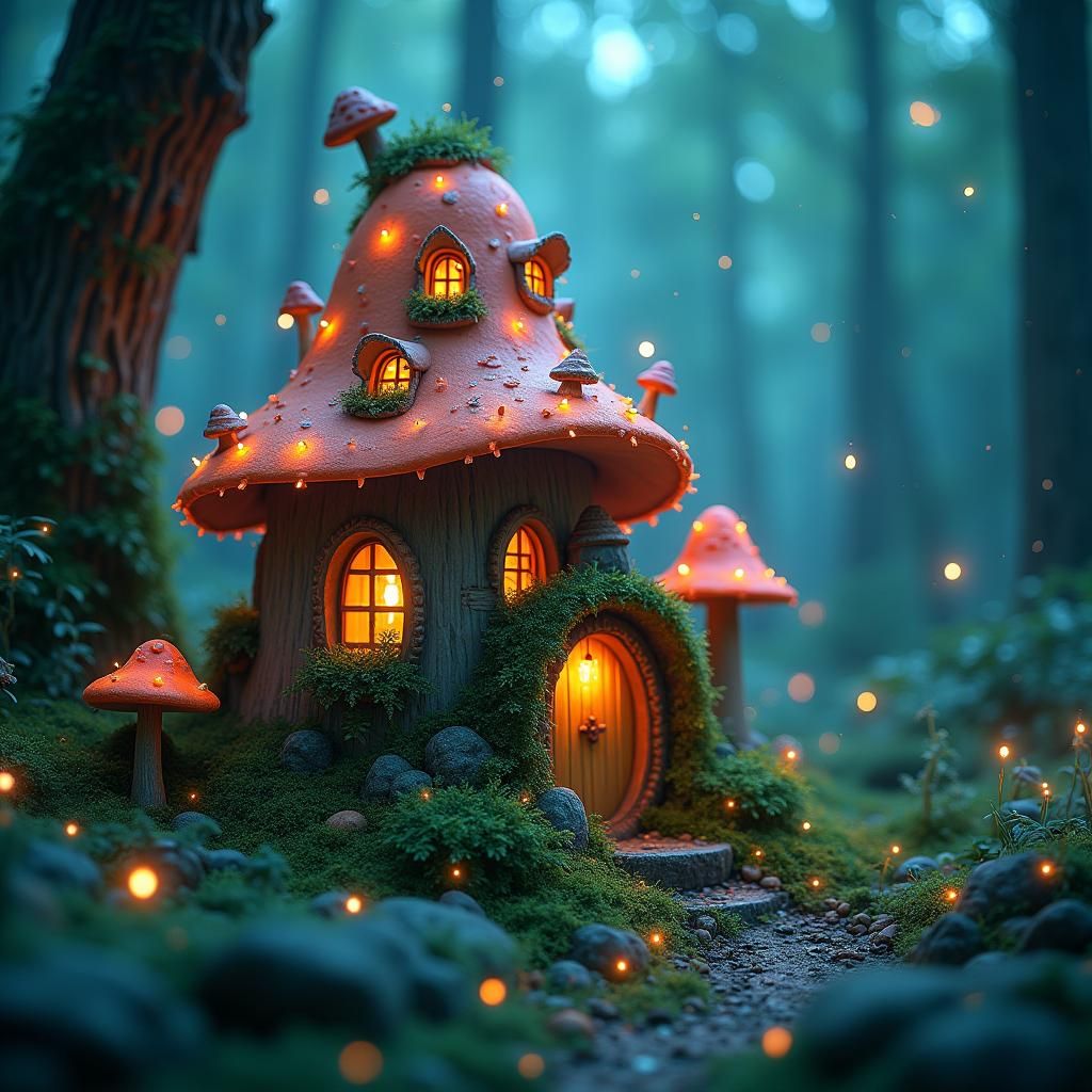 Enchanted Fairy House in Bioluminescent Forest