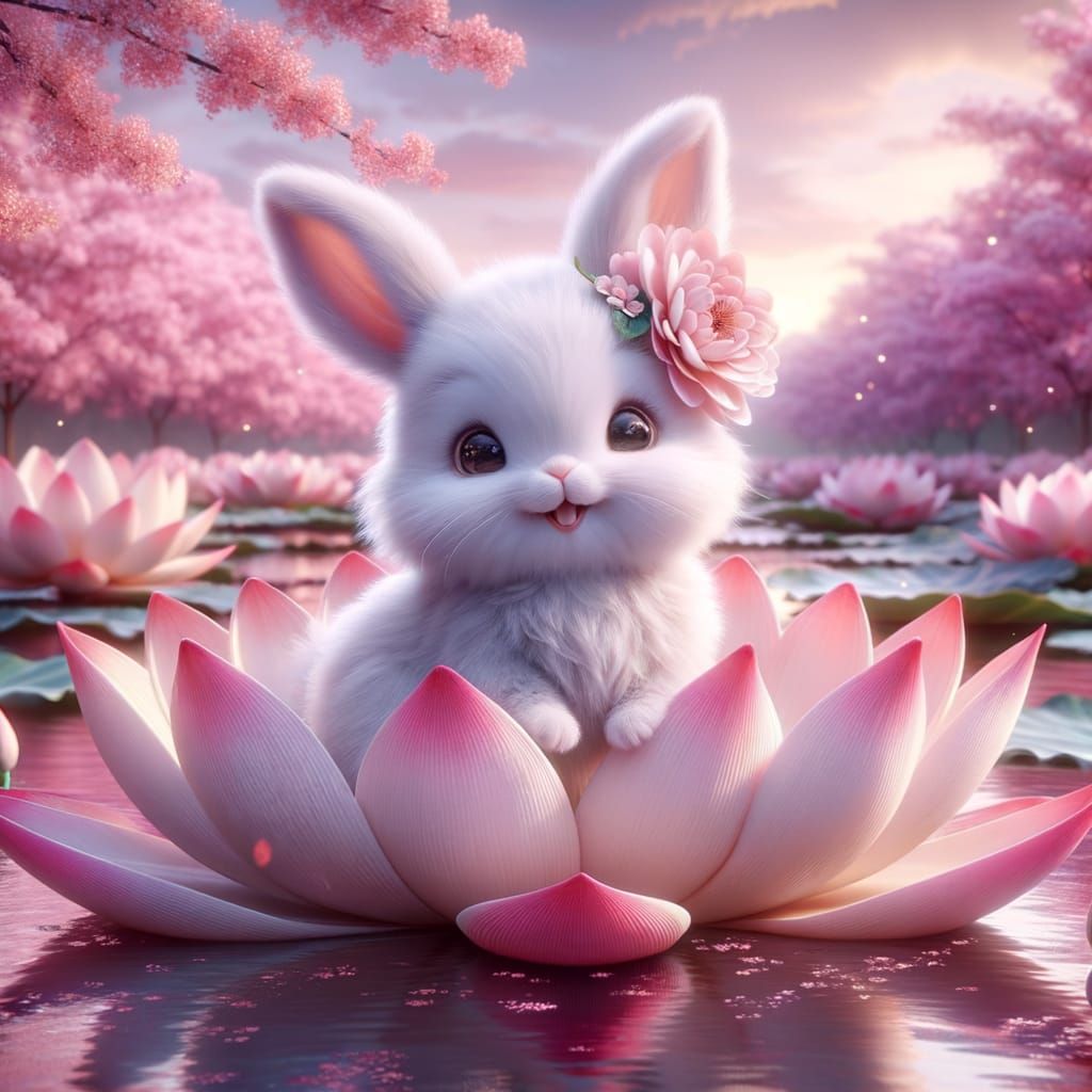 White Bunny on Lotus Flower in Serene Pond