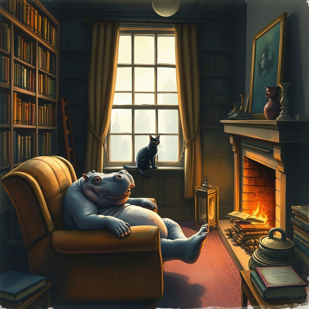 Cozy Study With Hippo and Cat, Watercolor Style