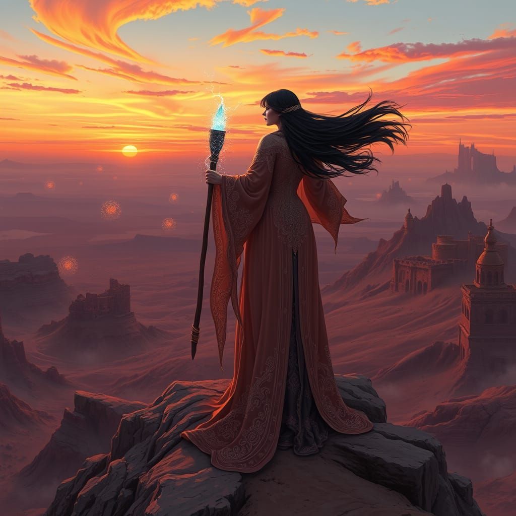 Mystical Sorceress Surveys Dreamlike Expanse at Sunset in a ...