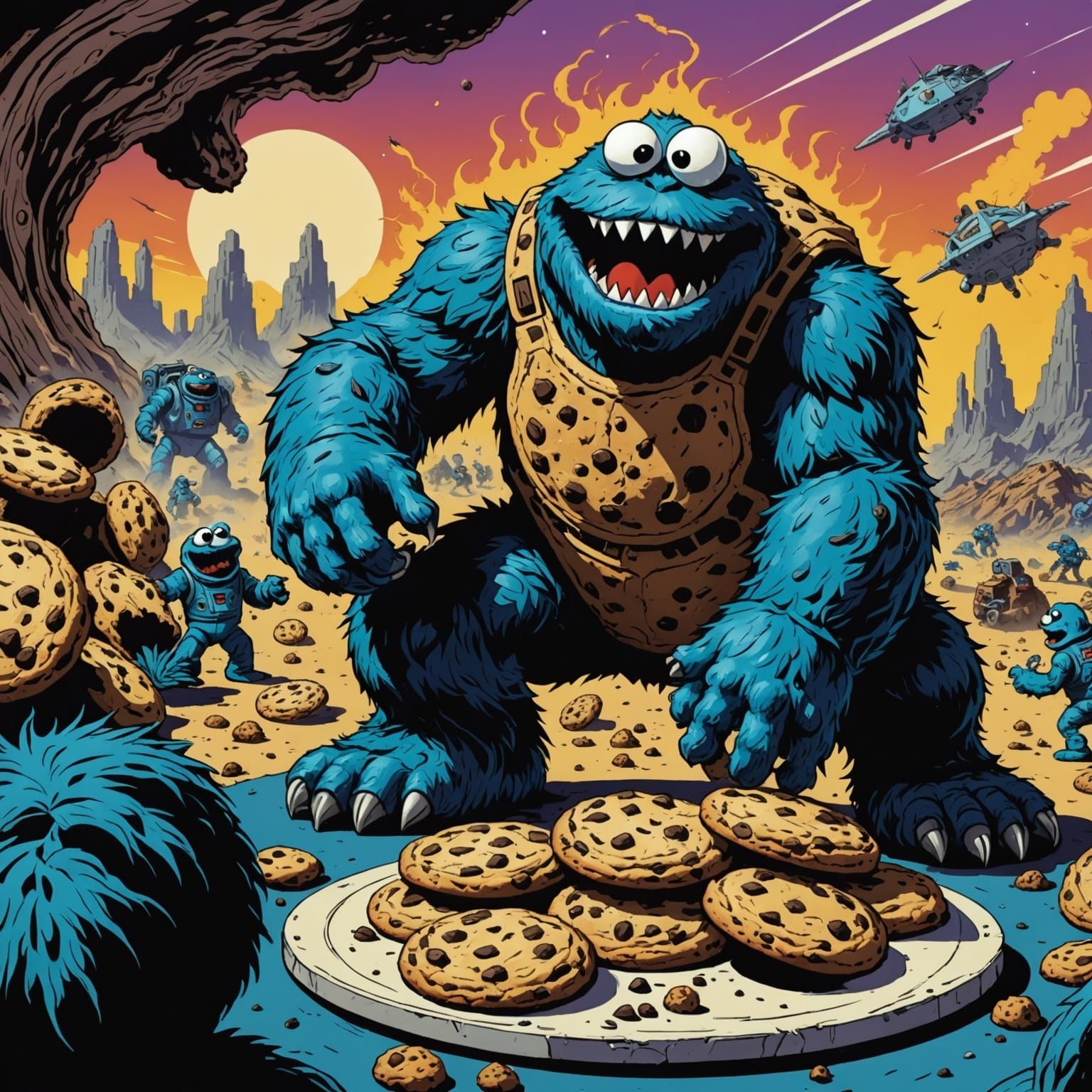 Giant Cookie Monster Attack in Retro Comic Style