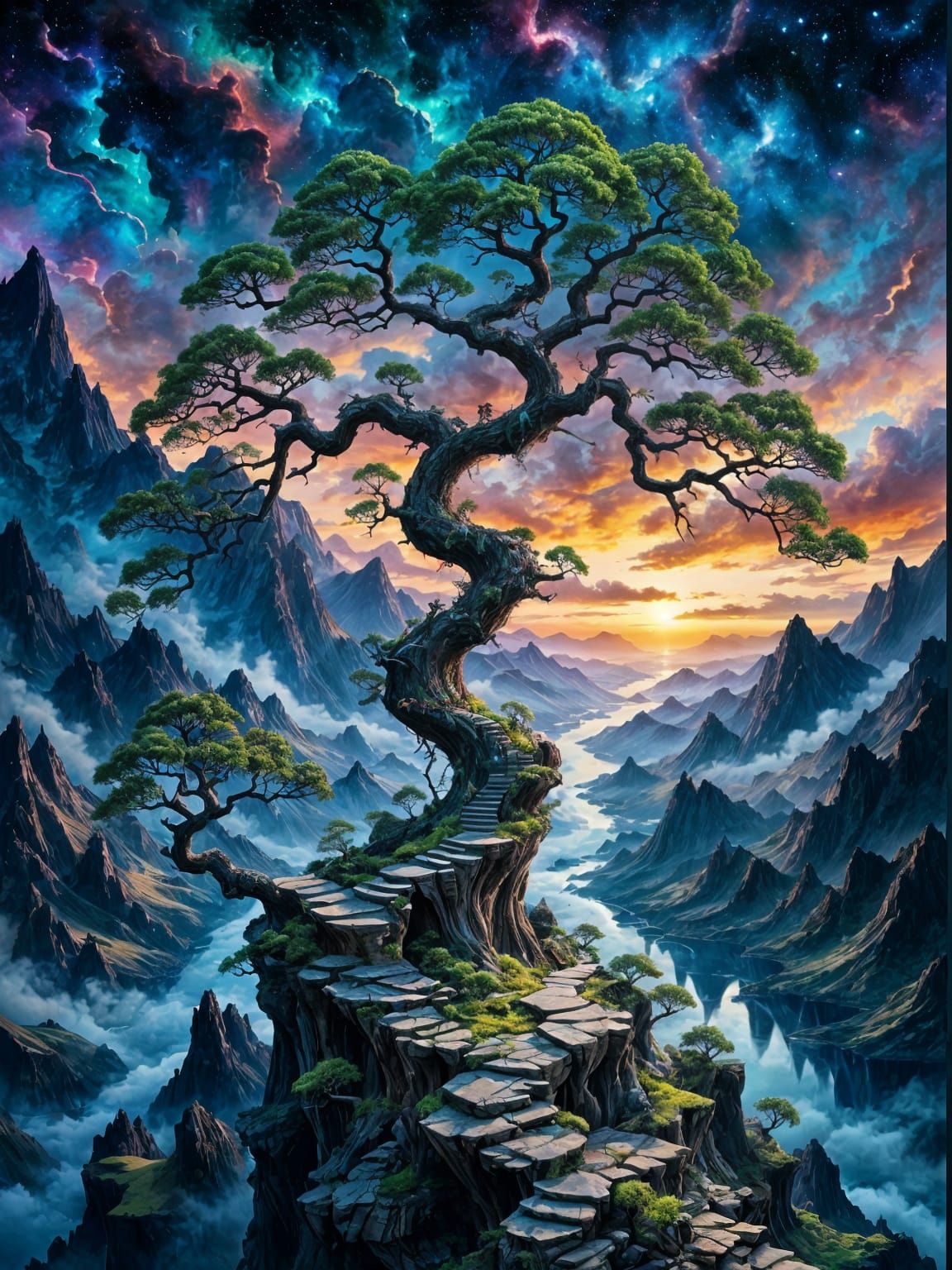 Surreal Bonsai Tree Overlooking Mountain River