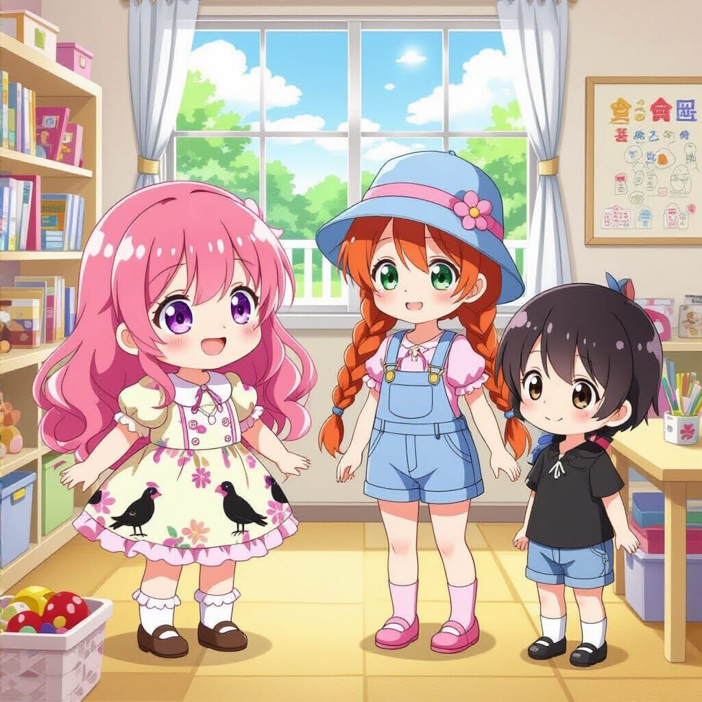 Cute Anime Kindergarten Girls Playing Together