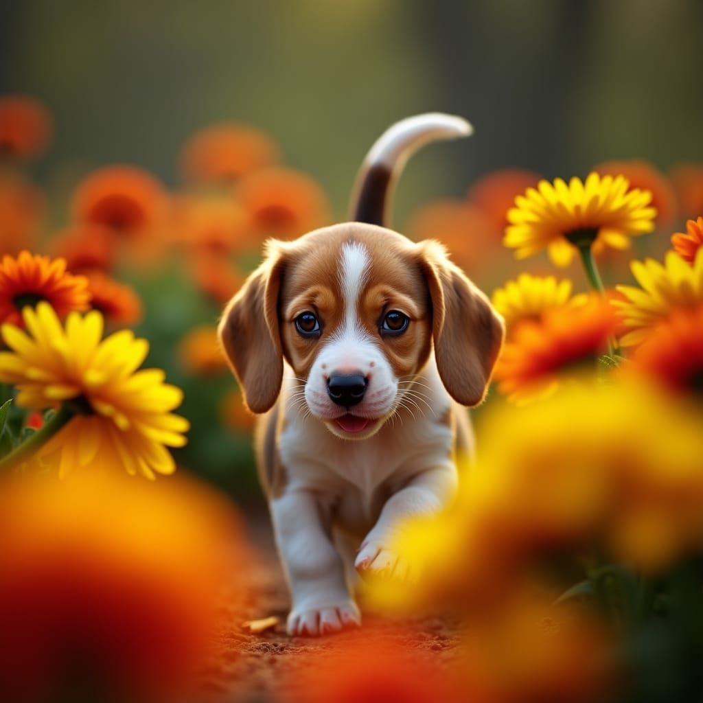Joyful Beagle Puppy Waddles Through Flower Garden