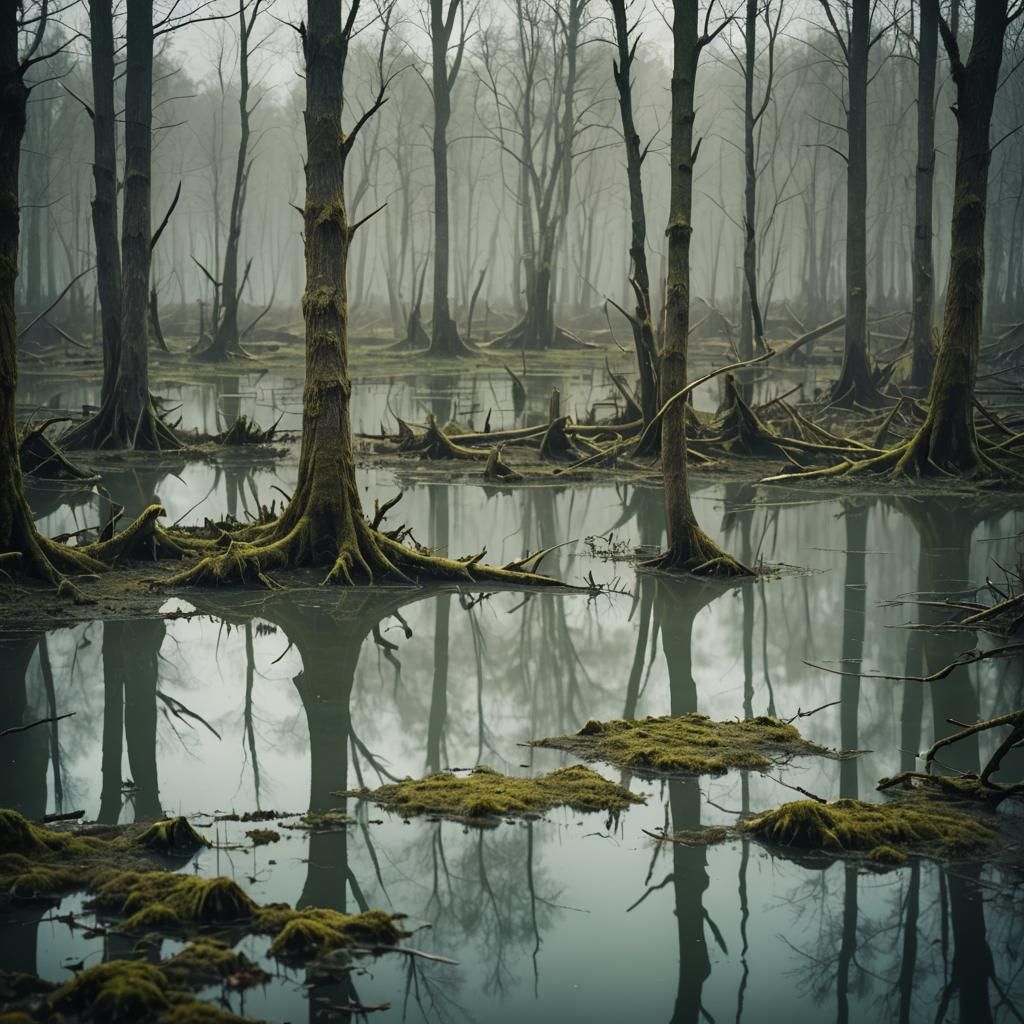 Gloomy Green Swamp with Decaying Trees