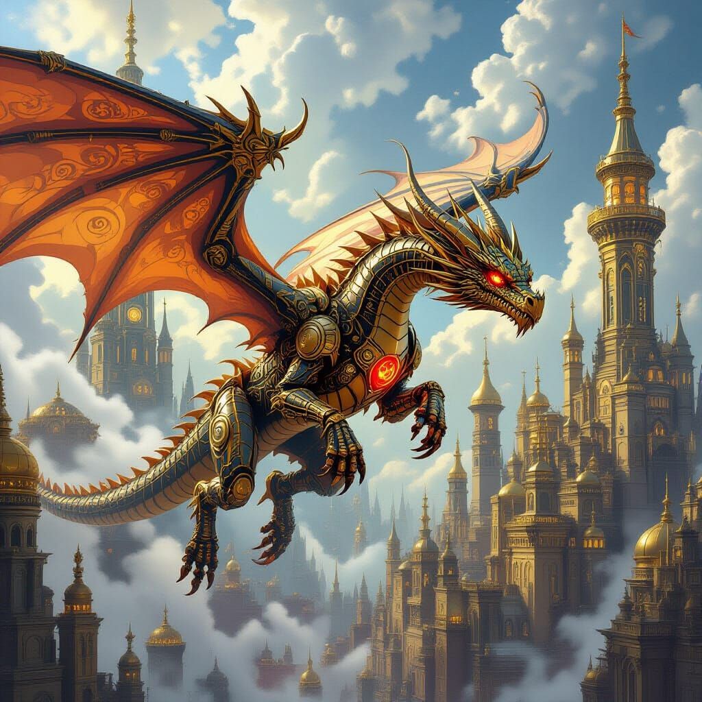 Clockwork Dragon Soars Over Opulent Steampunk City