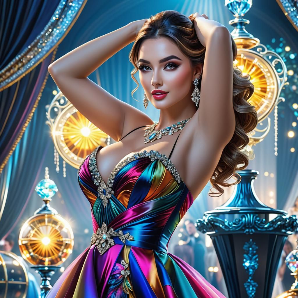 Young Lady in Multicolored Dress, Photorealistic Art