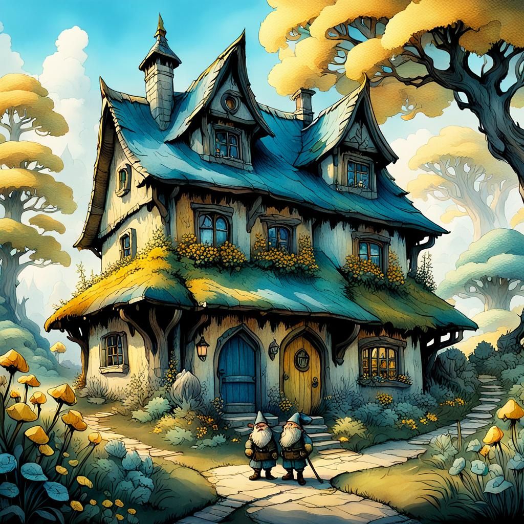 Whimsical Dwarves in Vibrant Landscape, Watercolor Style