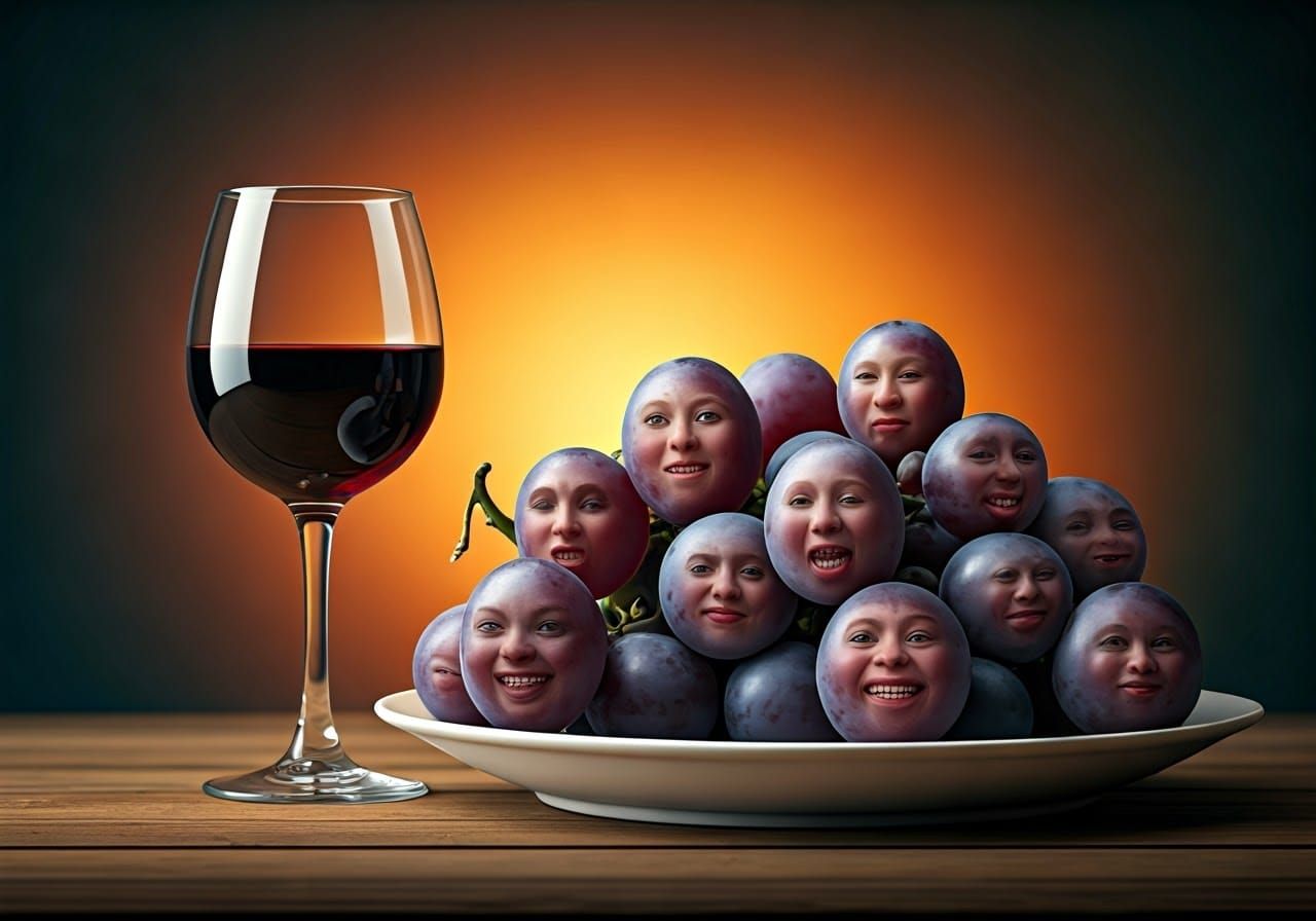 Intricately Detailed Cartoon Grapes with Quirky Faces