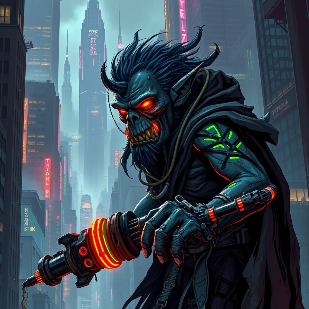 Cyberpunk Troll with Neon Tattoos in Dystopian City