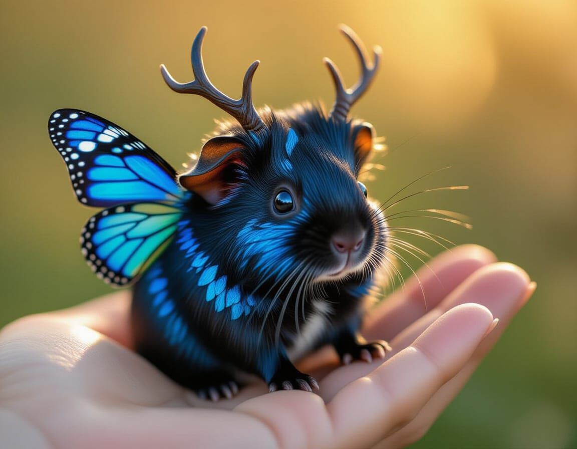 Tiny Dragon-Guinea Pig with Butterfly Wings on Hand