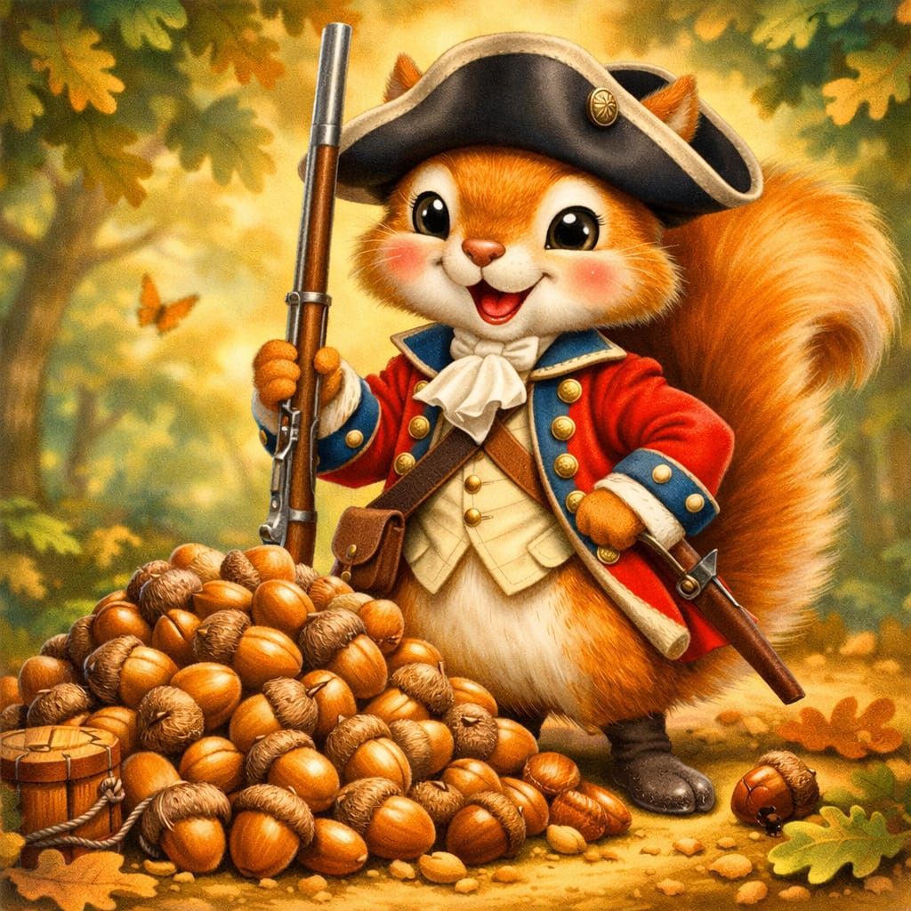 Cute Squirrel Guarding Acorns in 1700s Uniform, Airbrush Art