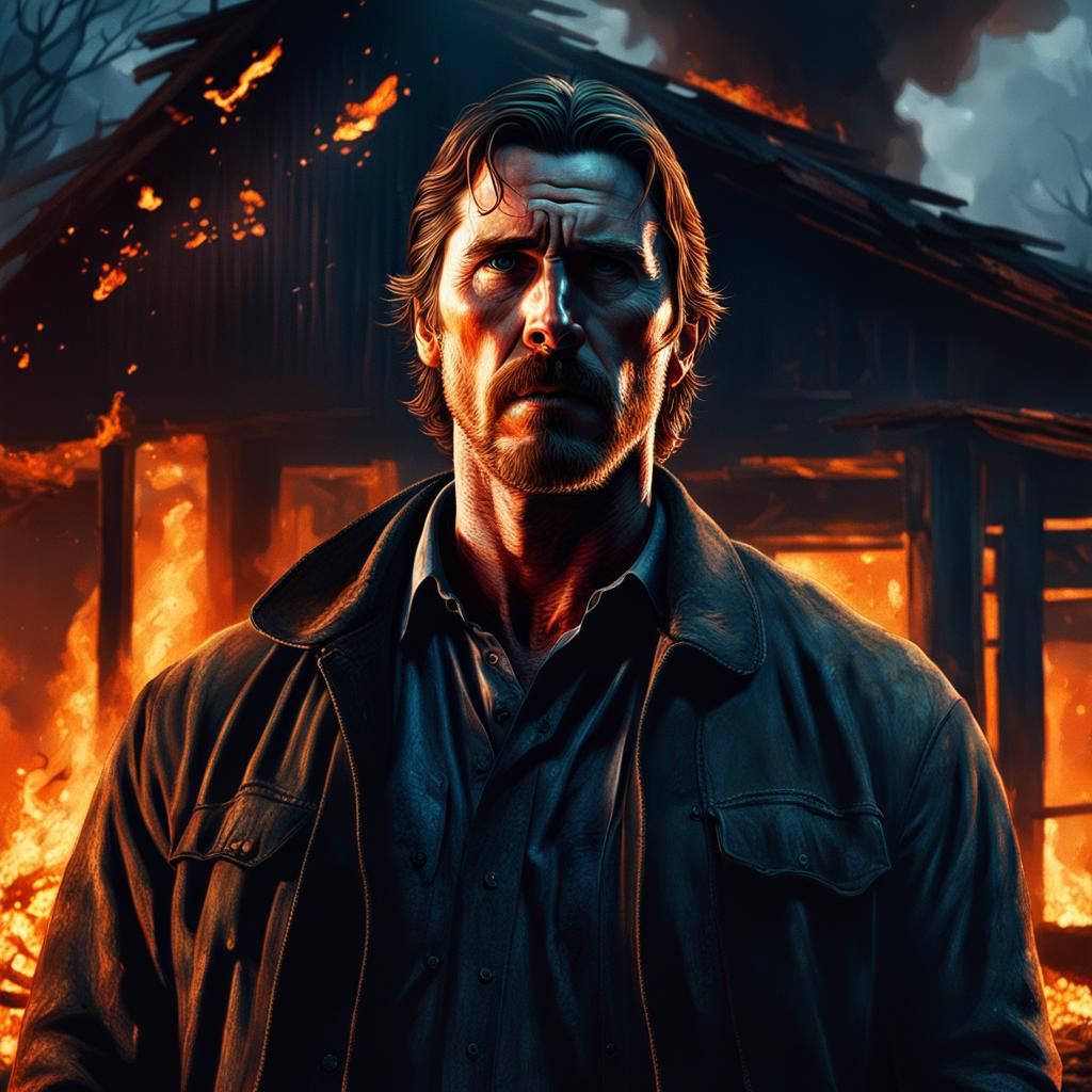 Sinister Christian Bale in Burning Cabin