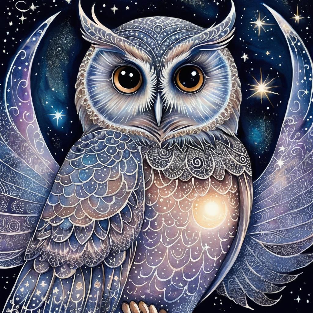Henna Ink Fairy Owl Soaring in Galaxy