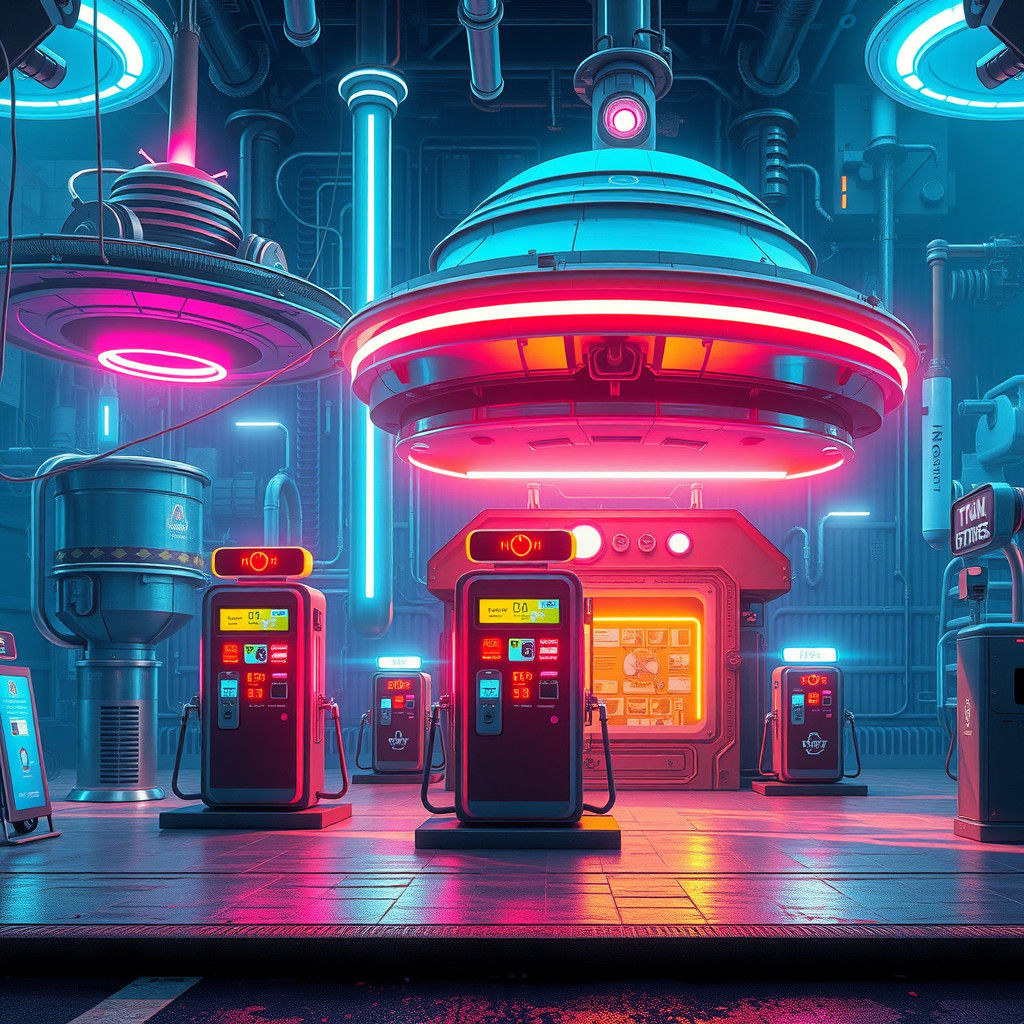 Futuristic Alien Fuel Station with Plasma and Neon Lights