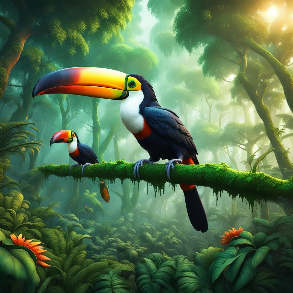 Toucans in Misty Forest: Detailed Matte Painting