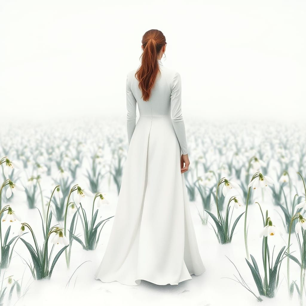 Serene Woman in a Snowy Field with Blooming Snowdrops