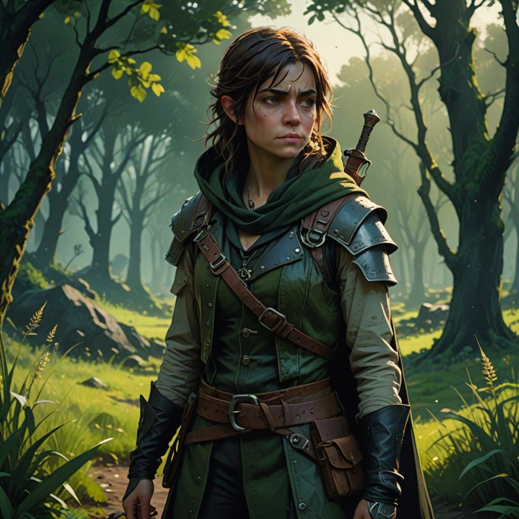 Serene Fantasy Scene: Female Halfling Rogue in Moonlit Meado...