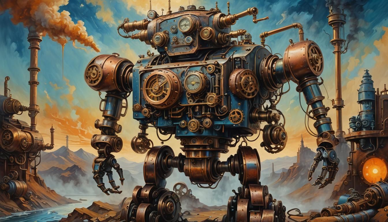 Steampunk Robot in Surrealist Oil Painting