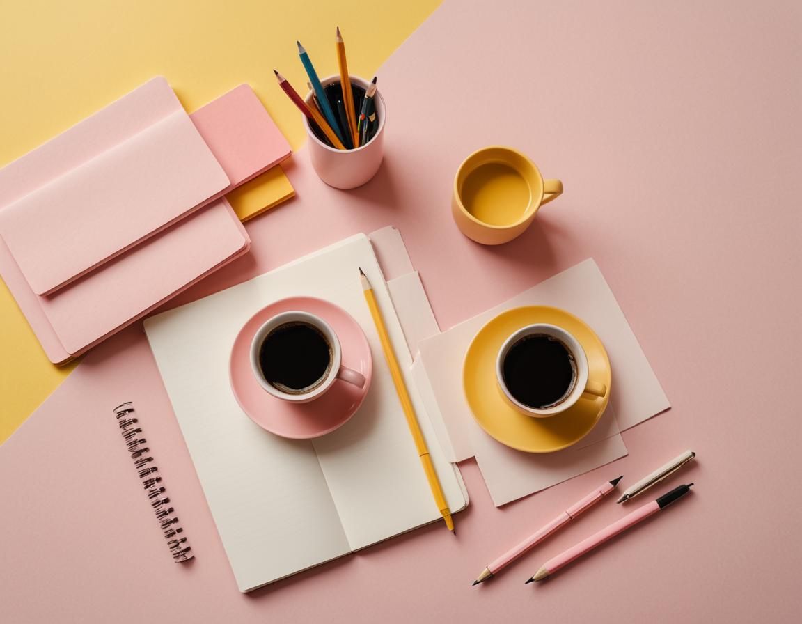 Coffee Cup and Stationery on Yellow Desk