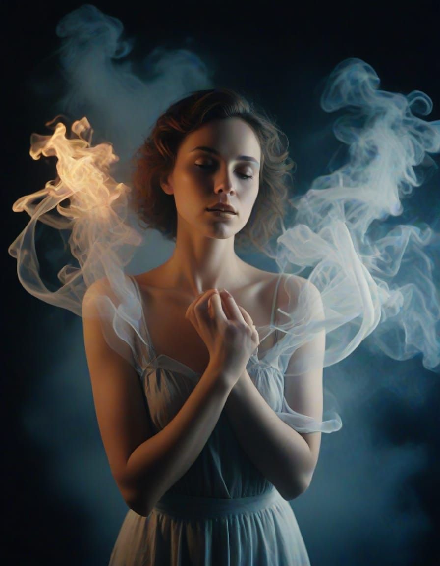 Surreal Woman Unraveling into Light and Smoke